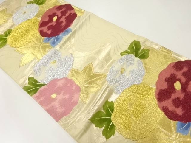 JAPANESE KIMONO / ANTIQUE FUKURO OBI / SILK / WOVEN STREAM & KIKU & MAPLE